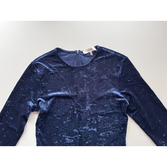 FRAME Navy Blue Scuro Crushed Velvet Long Sleeve Slim Fit Bodycon Top, Size M - Picture 4 of 8